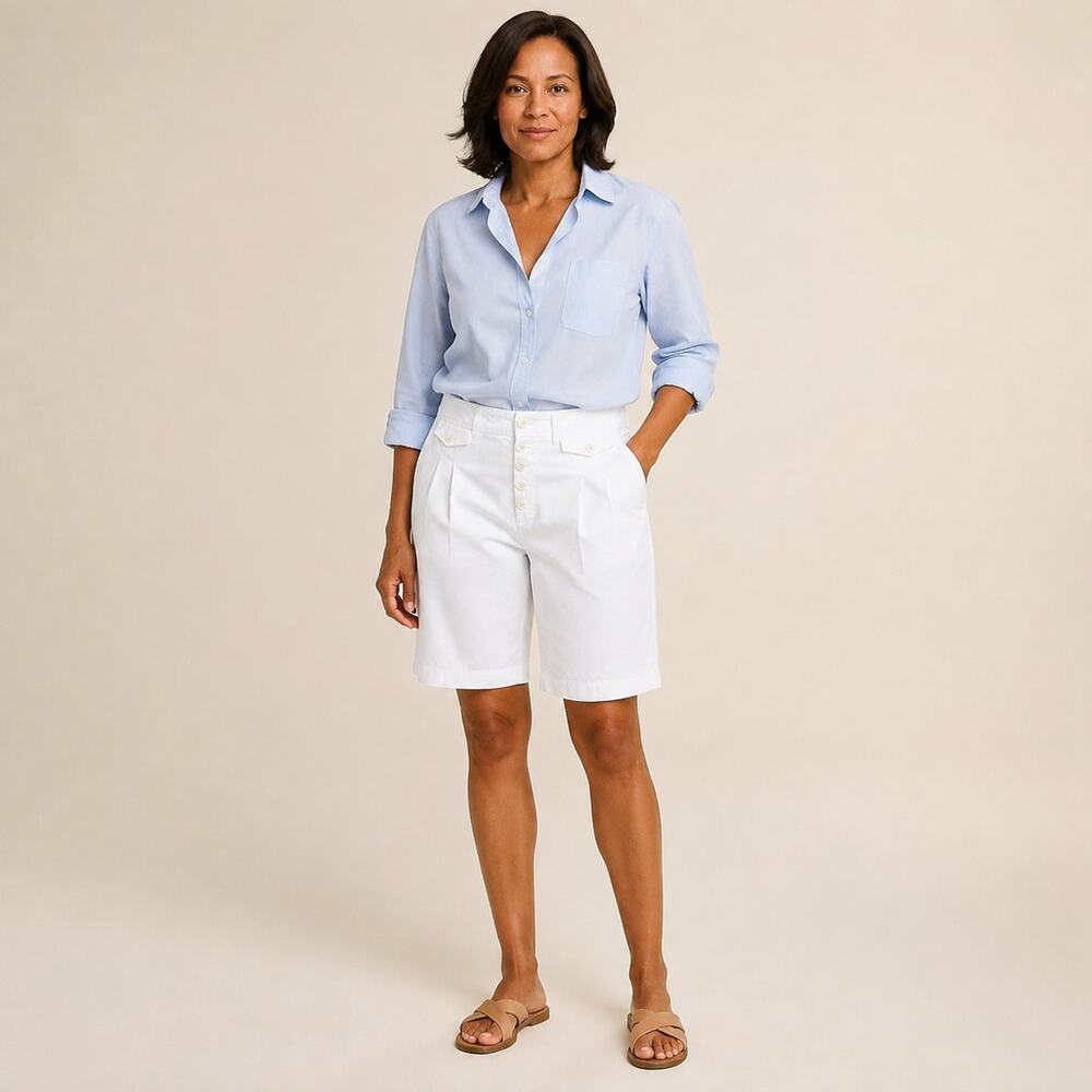 J.Crew Shorts WMNS 6 White Cotton Pleated Button Front Bermuda 90s Minimalist